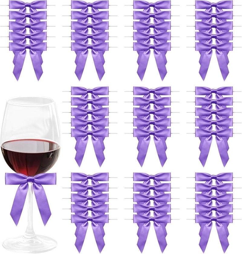 Sokfone Satin Ribbon Purple Bow Decor 2.5" Premade Purple Twist Tie Bows for Gift Wrapping Bow for Treat Bags Party Favors Wedding Decorations - 50 Counts - Image 1
